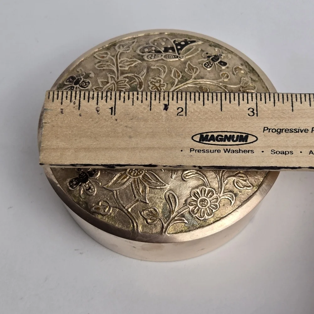 Vintage MCM Brass Floral Etched Round Trinket Dish India